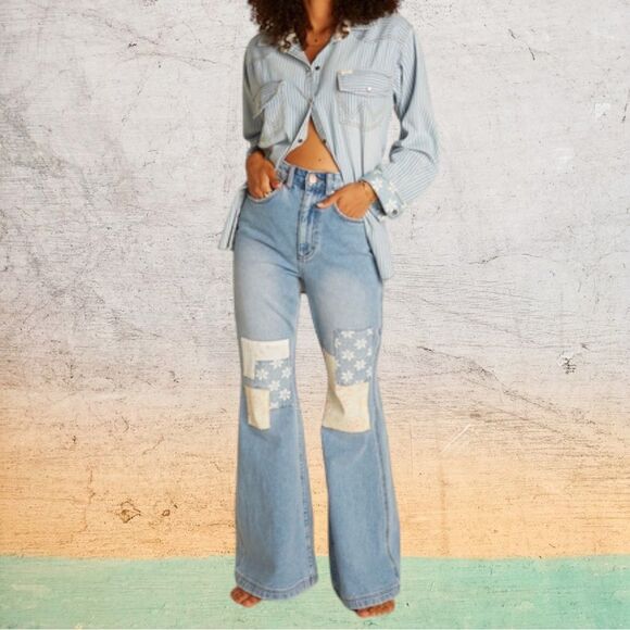 NWT WRANGLER x BILLABONG True Blue Denim Patchwork Bell Bottom Jeans 30 - Picture 1 of 13